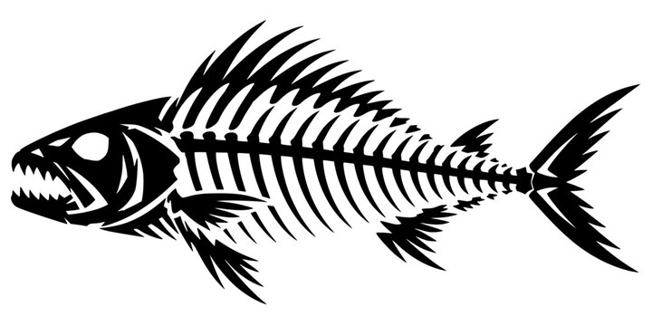 Black silhouette of fish skeleton with sharp ribs, spines, and teeth. Bold vector artwork symbolizing decay, marine life, and minimalism in striking graphic style.