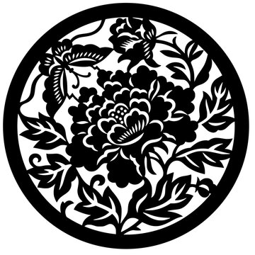 Bold black Chinese paper cut circular design featuring peony flowers, butterfly, and leaves in traditional folk art style, perfect for Asian culture, decoration, and festive themes.