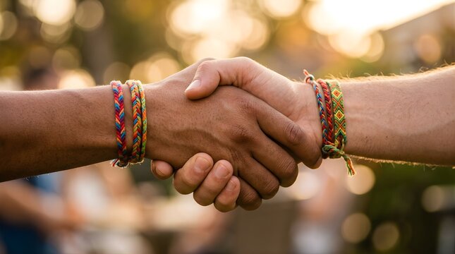 Two people shaking hands wearing colorful friendship bracelets outdoors