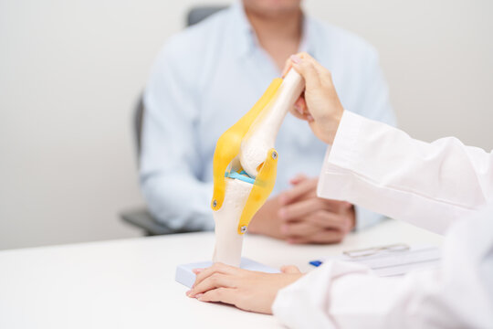 Doctor with Human Knee joint anatomy model. Osteoarthritis, Patellofemoral Pain Syndrome, Patellar Tendinitis, ACL, Anterior Cruciate Ligament, PCL, Posterior, MCL, Medial Collateral, LCL and Lateral