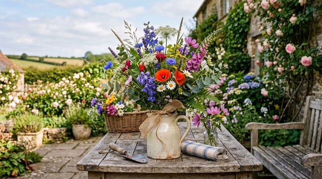 Rustic country garden flowers in a ceramic jug on a wooden table
