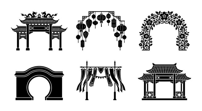 Asian Archways Collection, Traditional Gates and Torii Vector Icons, Oriental Architectural Elements, Decorative Entrance Designs