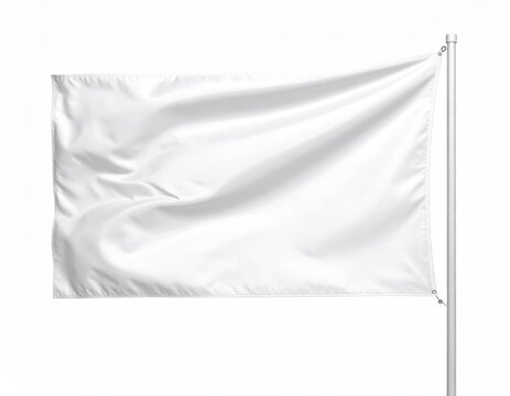 Blank white flag fluttering on a metal flagpole against a clean white background empty banner