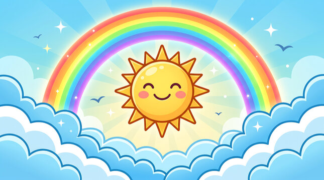 Happy smiling sun with rainbow and clouds in blue sky