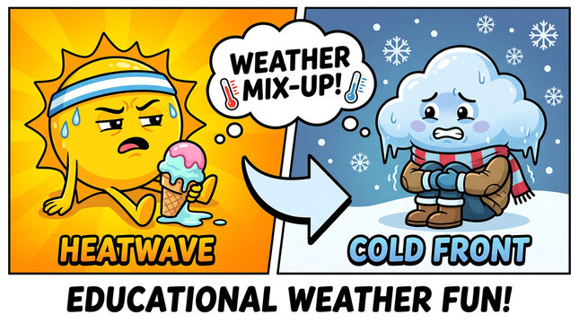 Educational weather fun banner with cute cartoon characters