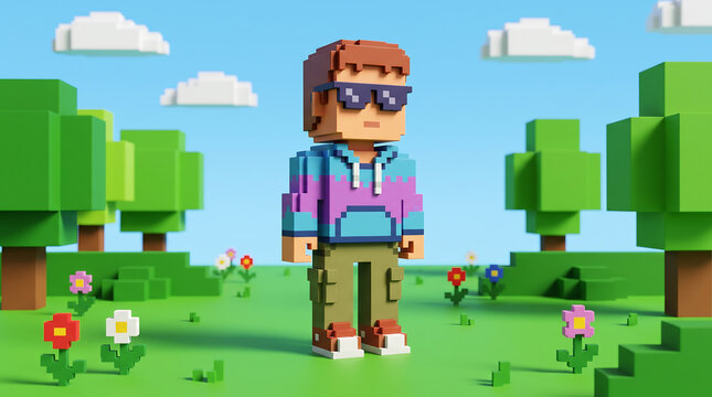 Voxel block style 3D character in colorful landscape