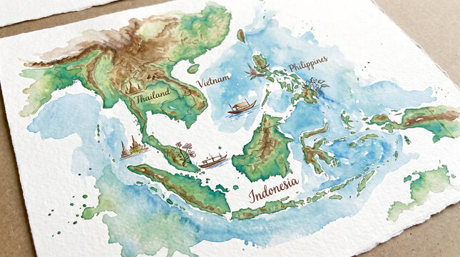 Detailed physical watercolor map of Southeast Asia region