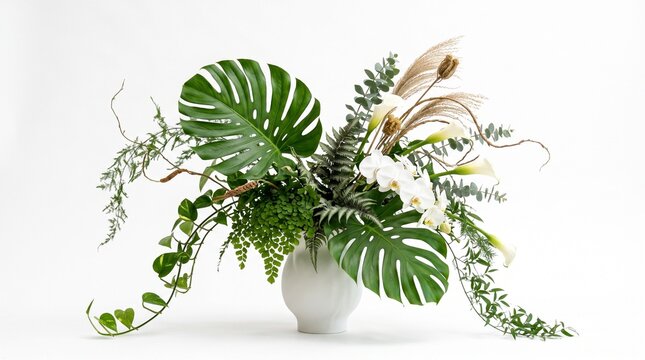 Tropical floral arrangement white vase