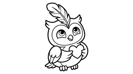 Fototapeta premium Cute cartoon owl holding a heart, with a feather on its head, isolated on white.