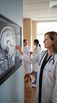 Female doctor analyzing brain scan on large wall mounted monitor