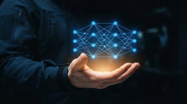 Businessman presents a digital neural network diagram floating over his palm to illustrate artificial intelligence.