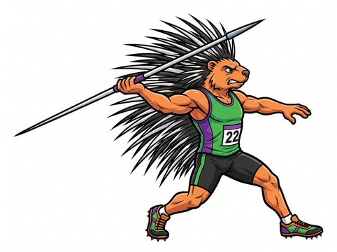 Strong Anthropomorphic Porcupine Athlete Throwing a Javelin
