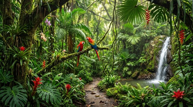Vibrant tropical rainforest with waterfall and parrots