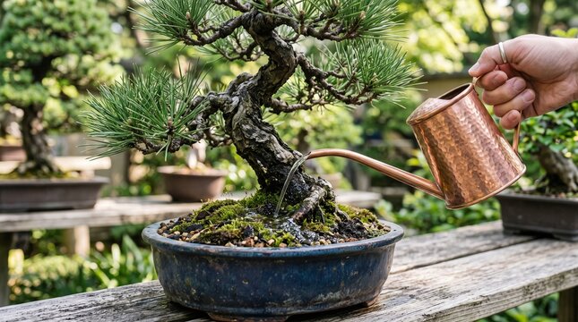 Watering bonsai tree