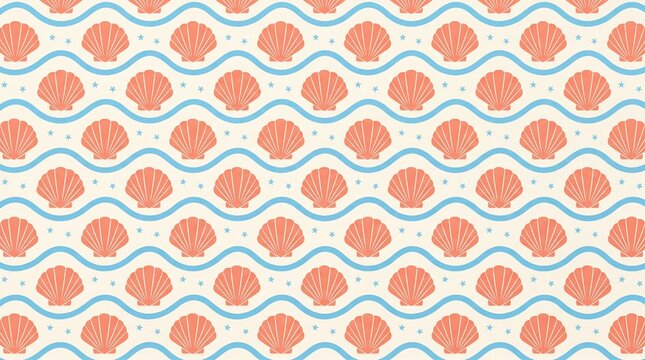 Coral scallop shells and blue wavy lines form a repeating pattern