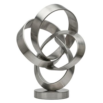 Brushed metal abstract sculpture interlocking circular rings design modern home decor accent piece isolated white background with circular base