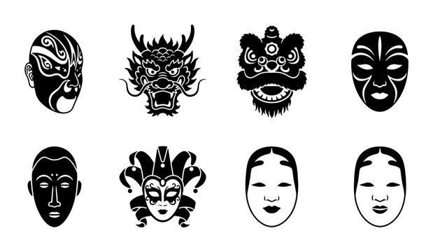 Diverse Collection of Traditional Masks and Faces, Vector Icons Set: Asian Opera, Dragon, Lion Dance, Jester, Kabuki, Noh Theatre