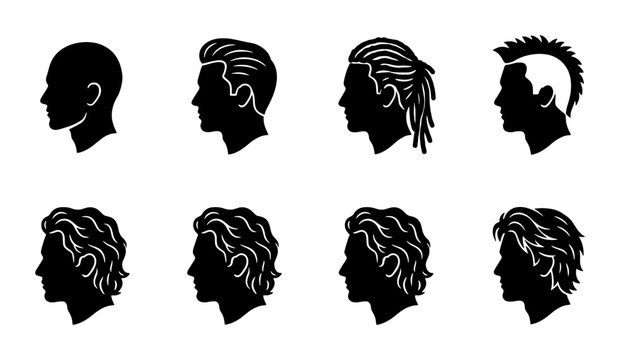 Diverse Male Hairstyles Silhouette Collection, Modern and Classic Haircuts, Vector Icons for Grooming and Style Concepts