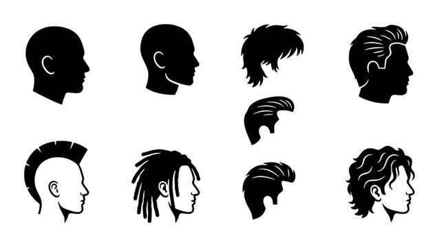 Diverse Male Hairstyles Silhouette Collection, Modern and Classic Haircuts, Vector Icons for Grooming and Style Concepts