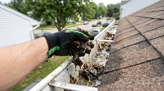 Close up hand cleaning wet debris from clogged house gutter with cleaning maintenance exterior
