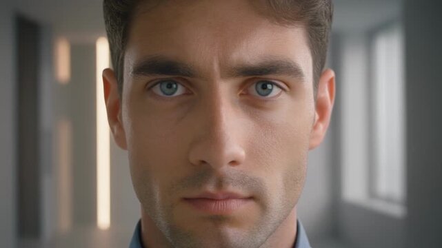 Close-up portrait of man with neutral expression in indoor setting