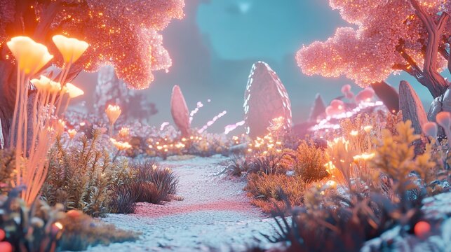 Glowing Forest Path, Alien Landscape, Fantasy Game Background