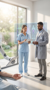 Doctors examining glowing full body hologram of patient