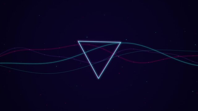 Neon triangle shape with pulsating light waves flowing horizontally on dark background digital abstract motion graphics element for modern music visual.