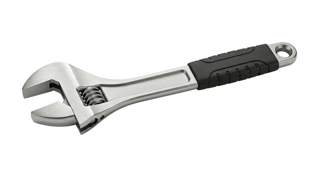 Adjustable wrench with black rubber handle, professional steel spanner tool, metal crescent wrench for plumbing and repair