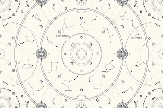 Detailed circular astrological chart with zodiac signs, star constellations, and compass on a light cream colored paper background