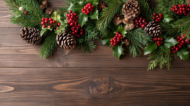 Christmas Evergreen Branches Pinecones and Red Berries Framing Wooden Background