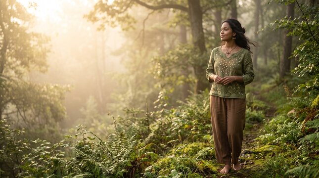 Young woman walking barefoot on a misty forest path bathed in golden light