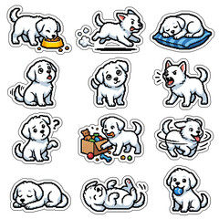 Obraz premium Cute White Puppy Pixel Art Sticker Set with Various Emotions and Actions for Game Design