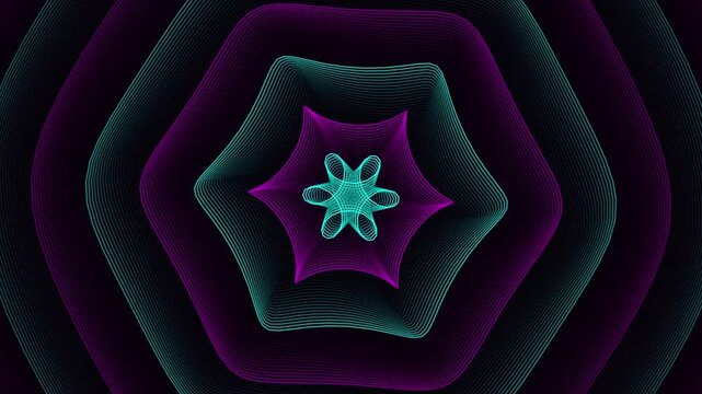 Hypnotic neon light tunnel with pulsating hexagonal concentric rings and glowing geometric shapes creating endless deep space movement in vibrant colors.