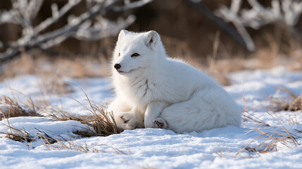 Fototapeta premium Alert Arctic Fox Sitting Among Snowy Grass and Frosted Branches