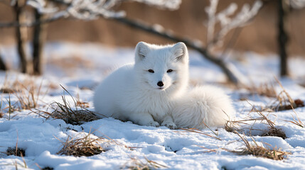 Fototapeta premium Arctic Fox Facing Camera While Resting in Cold Woodland
