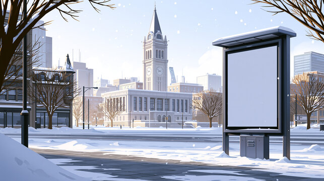 Empty Street Billboard Mockup in Winter Plaza with Clock Tower
