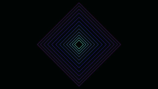 Neon glowing squares expand outwards from center creating geometric hypnotic tunnel animation in dark space for abstract visual effects or motion graphic.