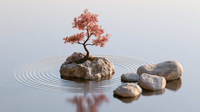 Miniature Pink Blossom Bonsai Tree Growing on Rocks with Water Ripples