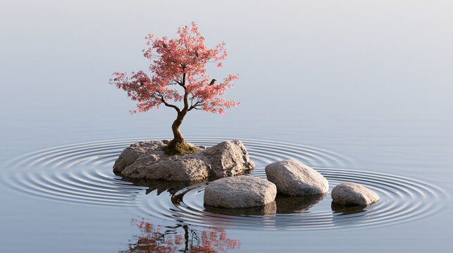Small Pink Bonsai Tree Reflected in Water Beside Smooth Rocks