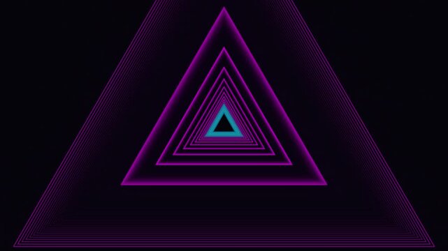 Abstract infinite tunnel composed of vibrant glowing purple triangle shapes moving forward into deep dark background space cinematic motion graphic element.