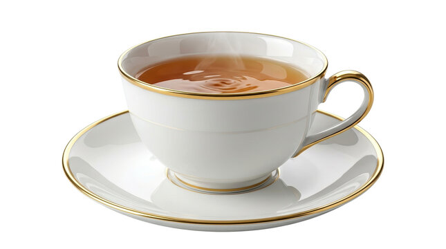 Elegant white porcelain teacup with gold rim, steaming hot herbal tea on saucer, classic ceramic tea cup isolated on white background