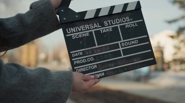 Filming in city park. Crew adjusts clapperboard in urban setting. Closeup of hands and board during video shoot. Assistant prepares film equipment with visible nail art in daylight park scene
