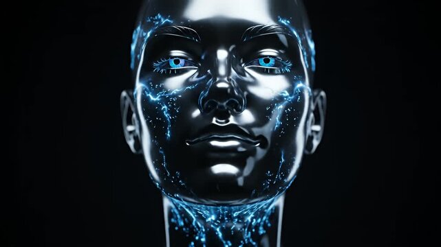 Metallic chrome female face sculpture on black background.
