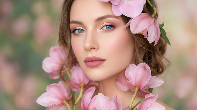 Beautiful Young Woman with Striking Blue Eyes Adorned with Delicate Pink Orchid Flowers in Soft Dreamy Pink Bokeh Background