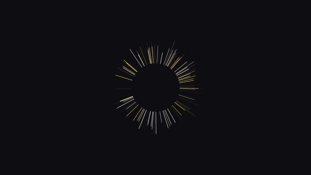 Abstract motion circle with gold and white light streaks radiating from center on black background cinematic minimal animation for digital overlays.
