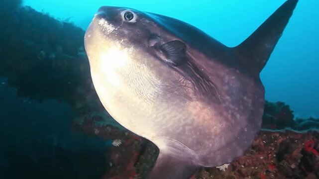 Ocean Sunfish Mola Mola Swimming Close-Up, Giant Pelagic Marine Life Deep Underwater