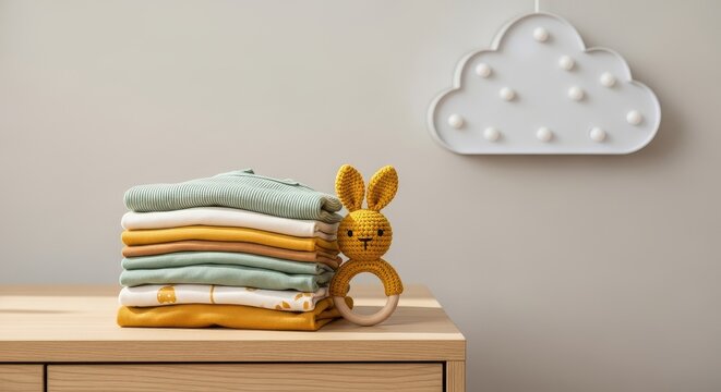 Stack of Organic Cotton Baby Clothes with Crocheted Bunny Rattle on Wooden Dresser in Modern Nursery