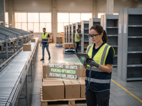 Female worker monitoring warehouse conveyor with smart glasses