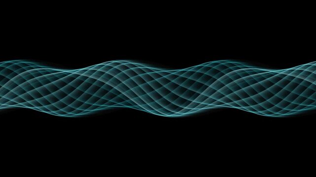 Abstract cyan sine wave pattern flowing horizontally across black background in seamless loop motion for digital data presentation and sci fi visuals.